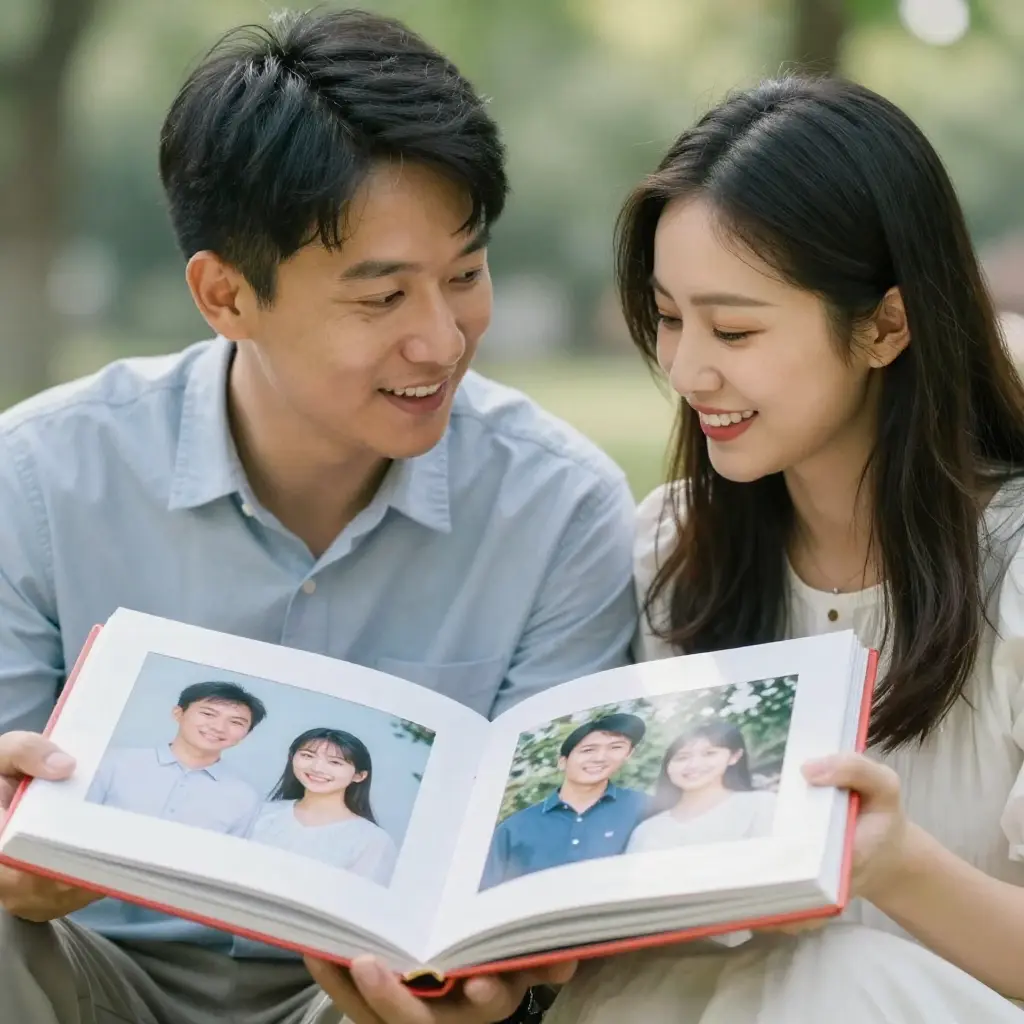 Couple celebrating anniversary with photo album